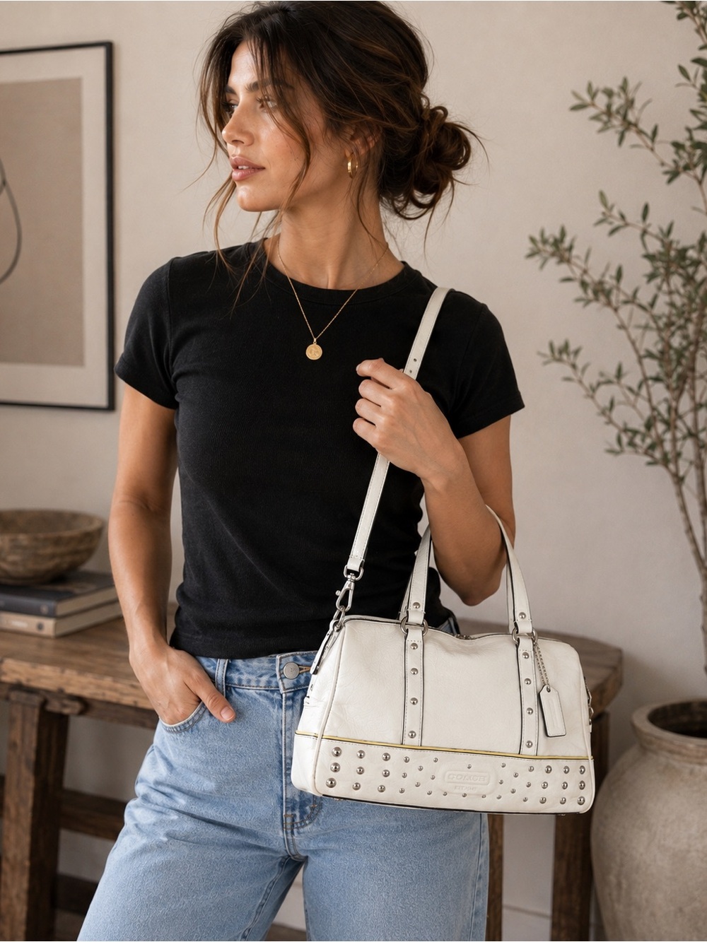 Coach Studded White Leather Satchel Crossbody Bag Y2K Vintage